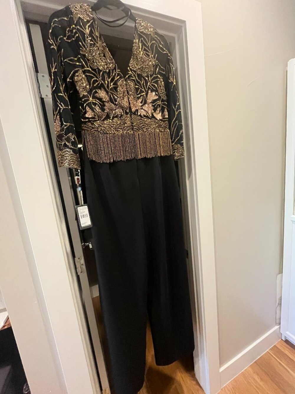 NEW Adrienna Papell black & gold, beaded, fringe jumpsuit, sz 12